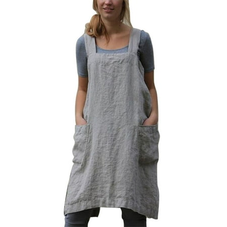

Sunisery Women s Pinafore Square Apron Baking Cooking Gardening Works Cross Back Cotton Linen Dress with 2 Pockets