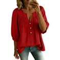 thumbnail image 3 of Women's V Neck 3/4 Sleeve Tops Casual Summer T Shirts Loose Fit Button Vacation Blouses Tops by Yigetop Red 2XL, 3 of 8
