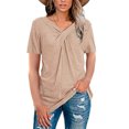 thumbnail image 4 of tklpehg Womens Short Sleeve Hide Belly Shirts Loose Fit Lightweight Blouse V-Neck Pleated Shirts Short Sleeve T Shirts Leisure Plain Colored Fashion Summer Tops Khaki 6(M), 4 of 6