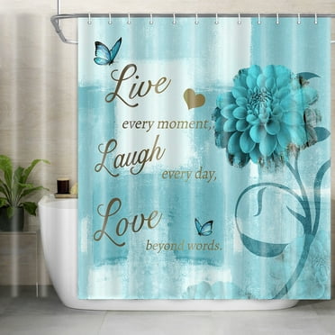 Rustic Teal Flower Shower Curtain for Bathroom, Farmhouse Dahlia Floral ...