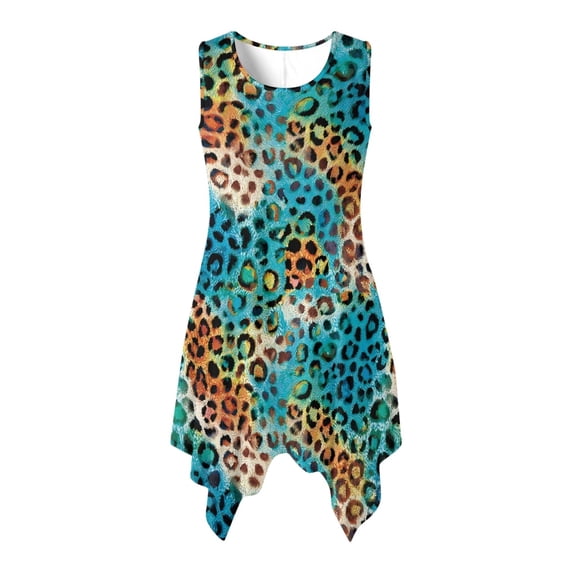 HELLHERO Sundress, Gradient Color Leopard Print Side Pockets Sleeveless Sundress, Pleated Round Neck Summer Sleeveless Dress for Beach Vacation Festival Party