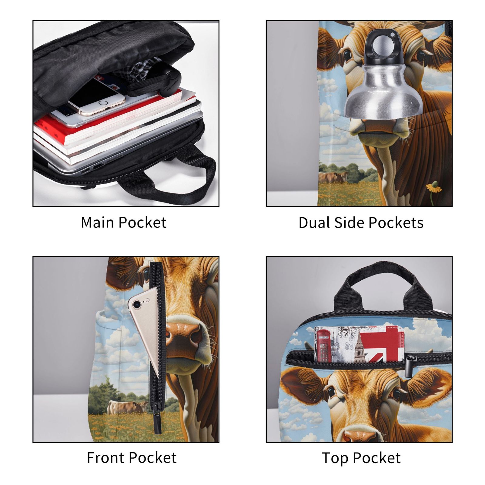Xecao Daisy Flower Field Cow print Backpack For women men Aesthetic Lightweight Travel Daypack Simple Cute Backpack For Bookbag