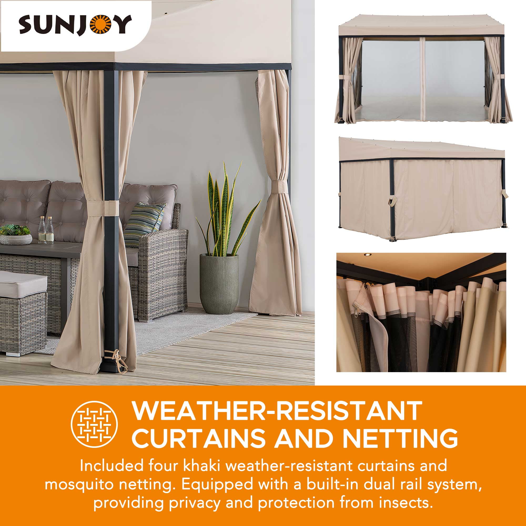 Sunjoy 10 x 12 ft Wall Mounted Gazebo with Weather Resistant Fabric Roof, Black Aluminum & Metal Frame Lean to Gazebo with Curtains and Netting