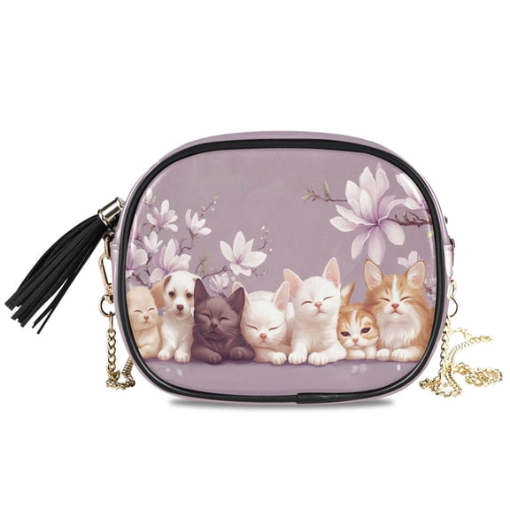 Womens Casual Chain Shoulder Bag Simple style Kittens and Puppies with Flowers Crossbody Bag