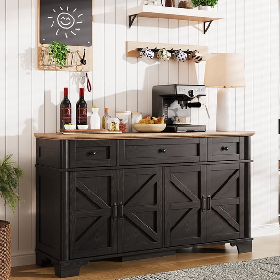 Farmhouse Buffet Cabinet with Storage, 55 Inch Black Sideboard Buffet Cabinet with Adjustable Shelves & 3 Drawers, Buffet Table Coffee Bar Wine Bar Storage for Kitchen & Living Room