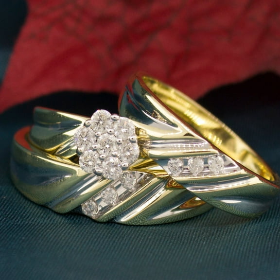 Bluebell Jewels 14K Two Tone Gold Finish Silver Round Cut CZ Floral Anniversary Wedding Trio Couple Ring Set