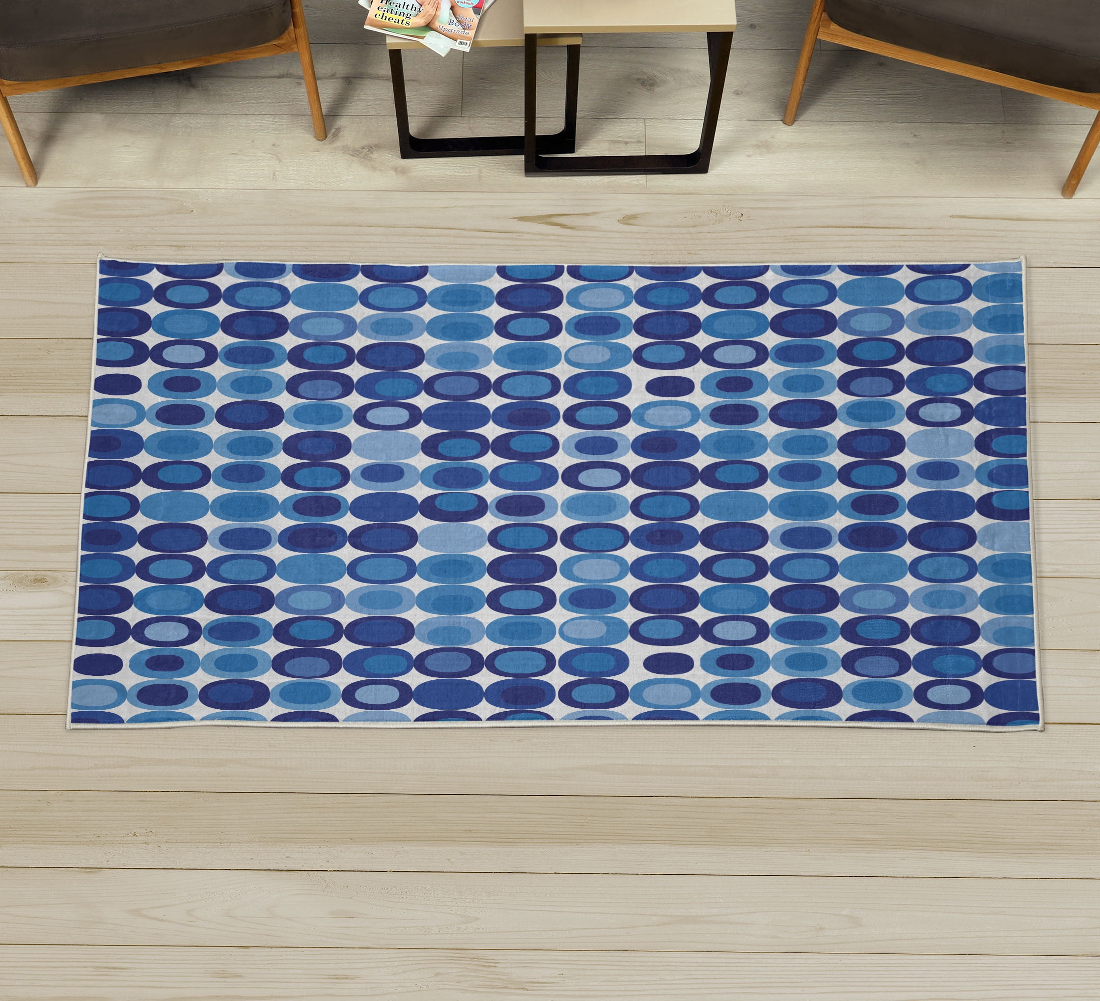 Mid Century Decorative Rug, RetroThemed Styled Round Edged Mosaic