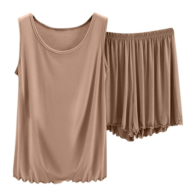 MeetoTime Pyjama pour Femmes Ensemble Extensible Ample Couleur Unie Haut Sans Manches Short Taille Élastique Ensemble Deux Pièces