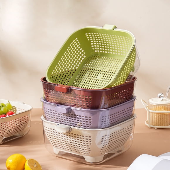 Cesta de Drenaje de Doble Capa con Tapa - Lavadero de Frutas y Verduras para Cocina, Verde MNFD