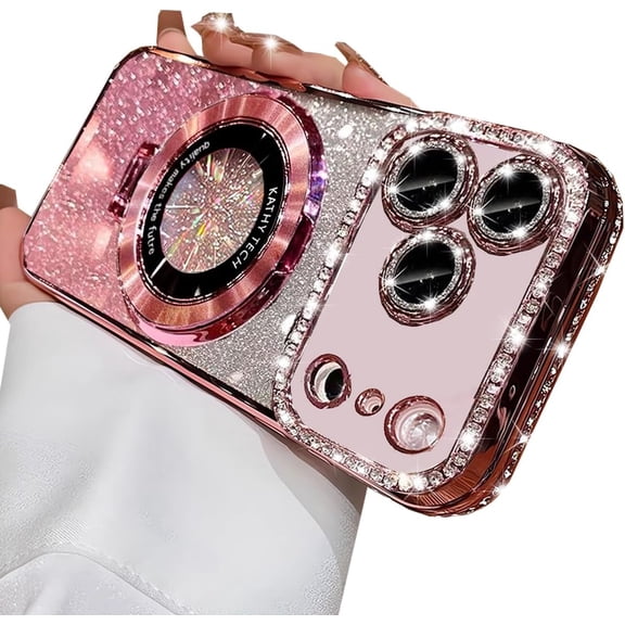 Magnetic Kickstand Glitter Case for iPhone 17 Pro, [Compatible with Magsafe] Cute Luxury Bling Sparkly Diamond Rhinestones with Camera Lens Protector Women Girls Case for iPhone 17 Pro, Pink