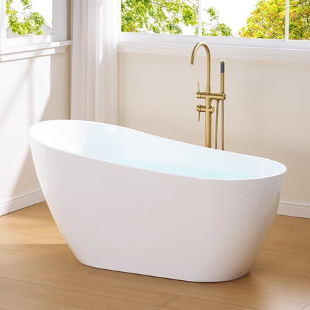 ANGELES HOME 59" Acrylic Freestanding Bathtub, Soaking White Bathtub with White Drain and Integrated Slotted Overflow Included, Glossy White