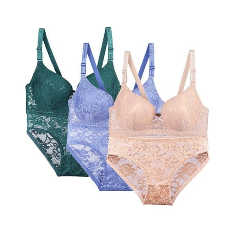 Audhol Bra and Panty Sets for Women High Support Bras for Women Adjustable Strap Full Coverage Up Bras Comfortable No Underwire Wireless Bras Lace Bra and Panty Set Beige 42