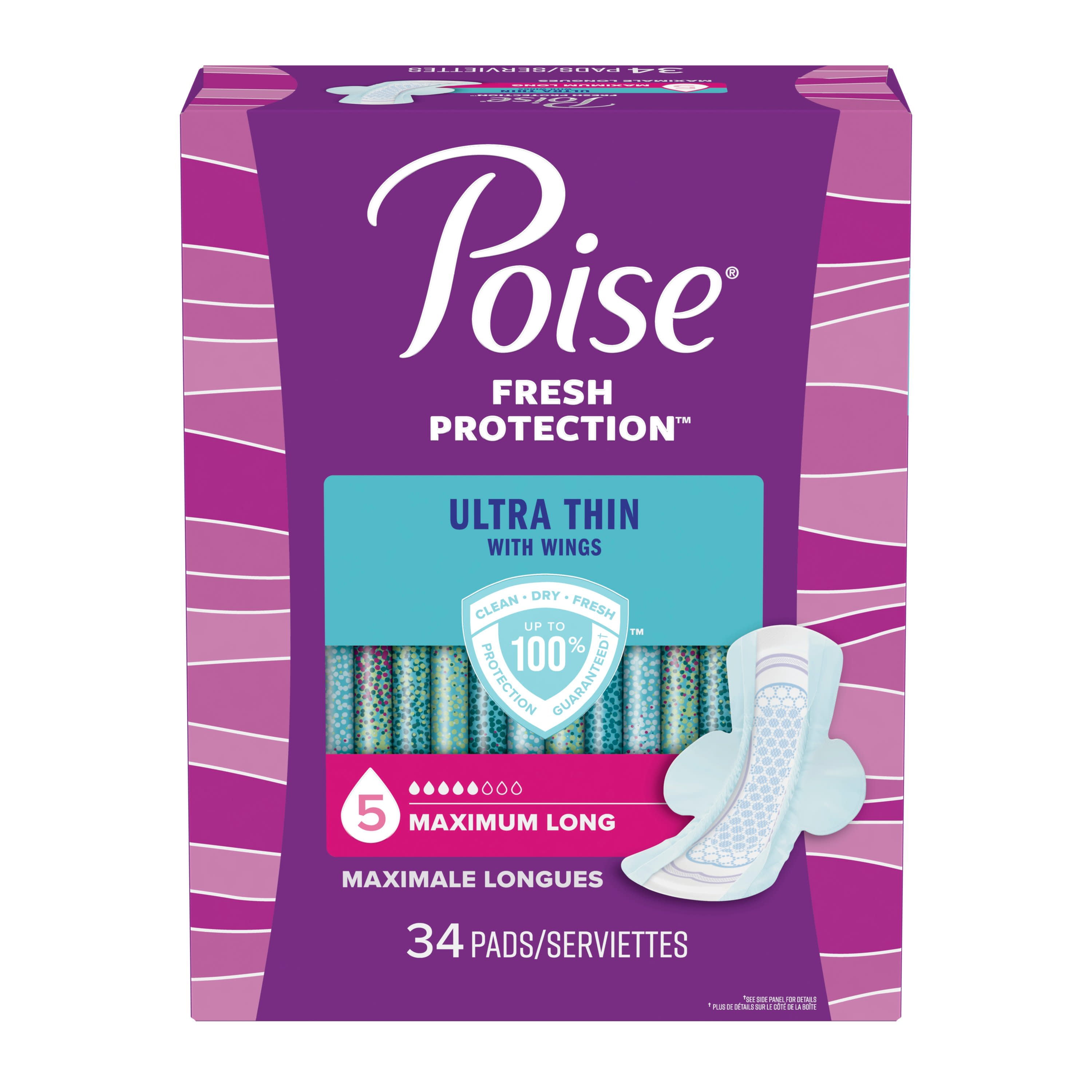 Poise Ultra Thin Incontinence Pads for Women, with Wings, 3 Drop, Maximum Absorbency, Long, 34Ct