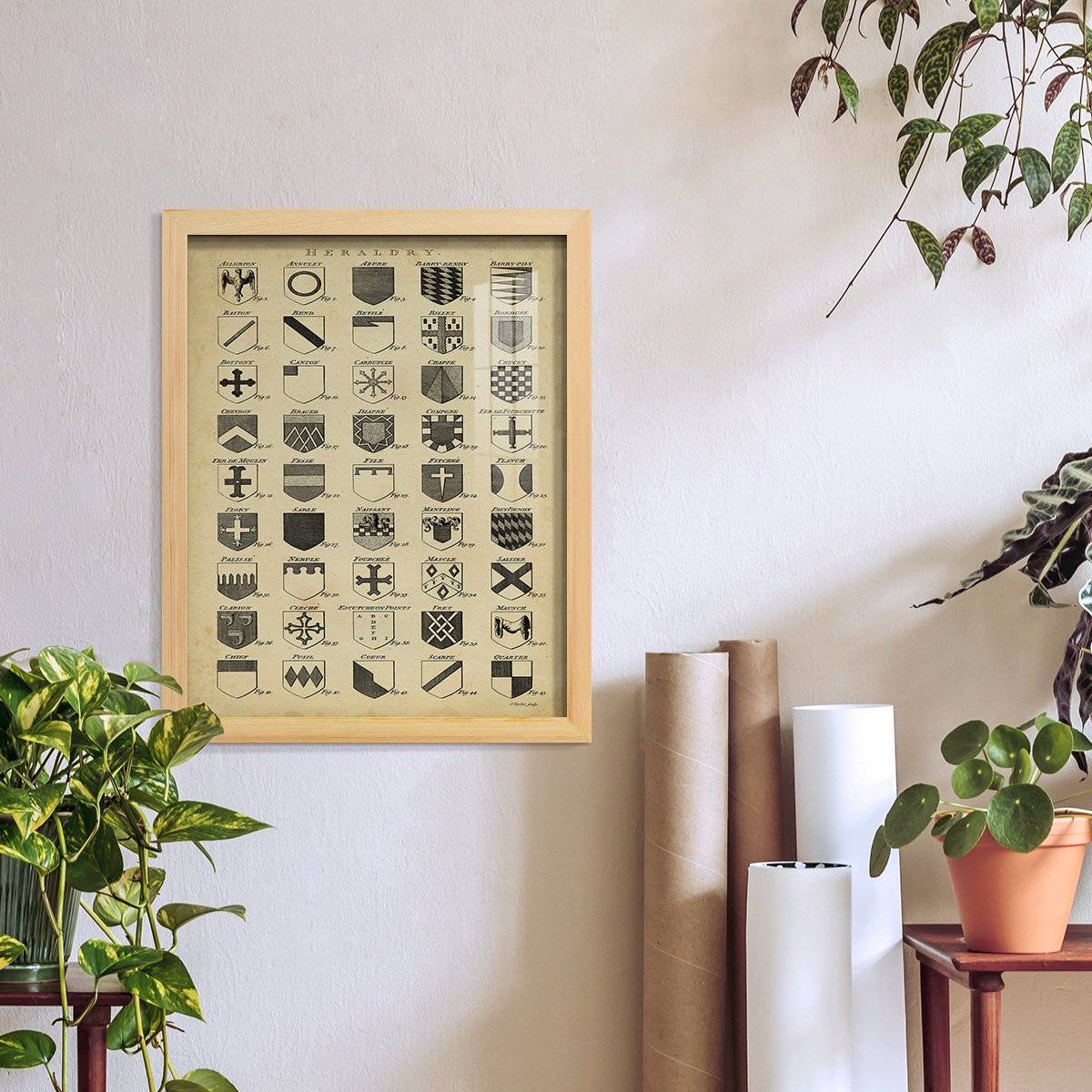 Vintage Heraldry I -Framed Print w/glass-Natural Wood