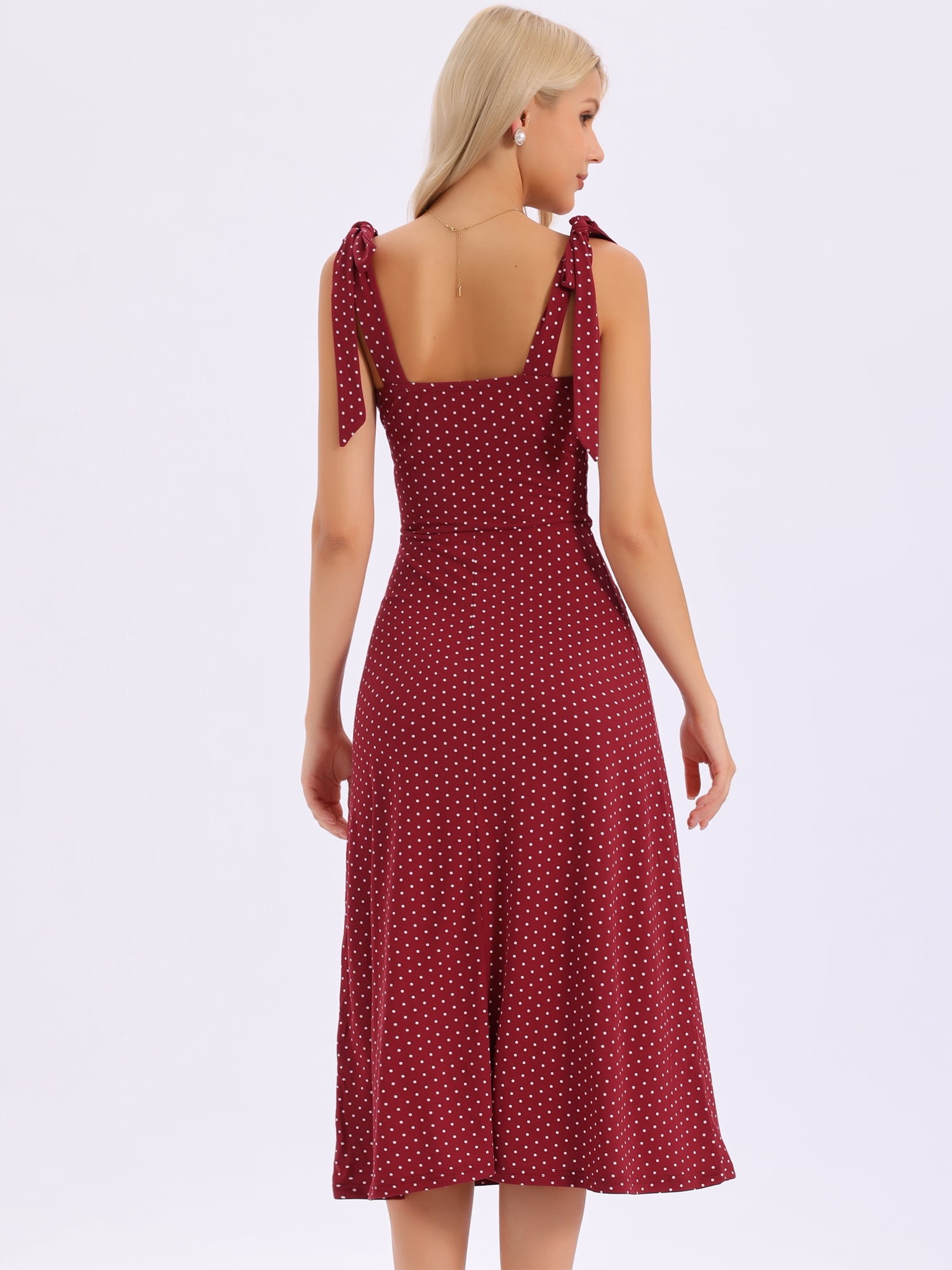 DARING DIVA Women's Polka Dots Dress Tie Shoulder Sleeveless A-Line Dresses XS Dark Red
