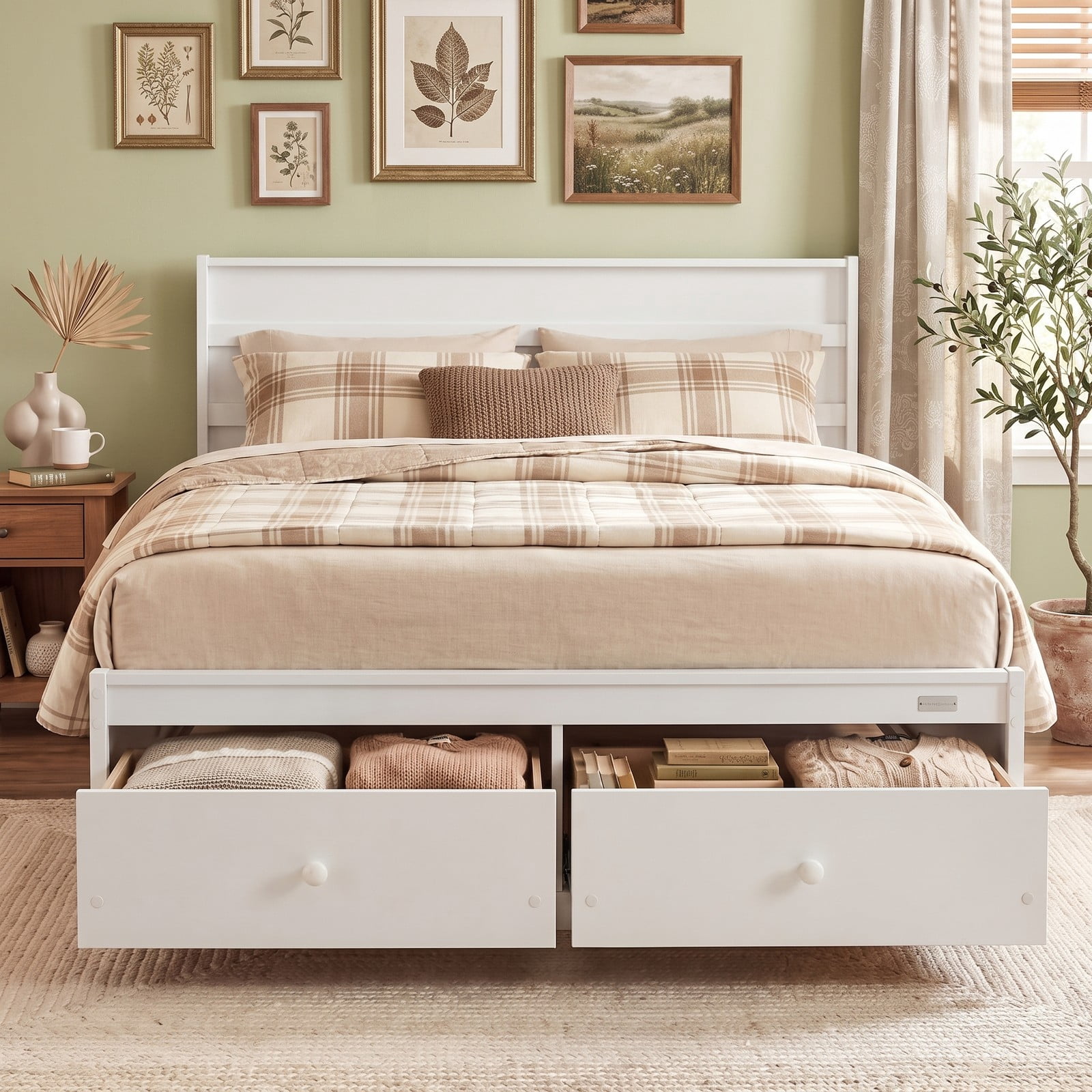 Furnibear Full Size Bed Frame with 2 Storage Drawers, Wood Platform Bed Frame with Plank Headboard for Bedroom and Guest Room, White