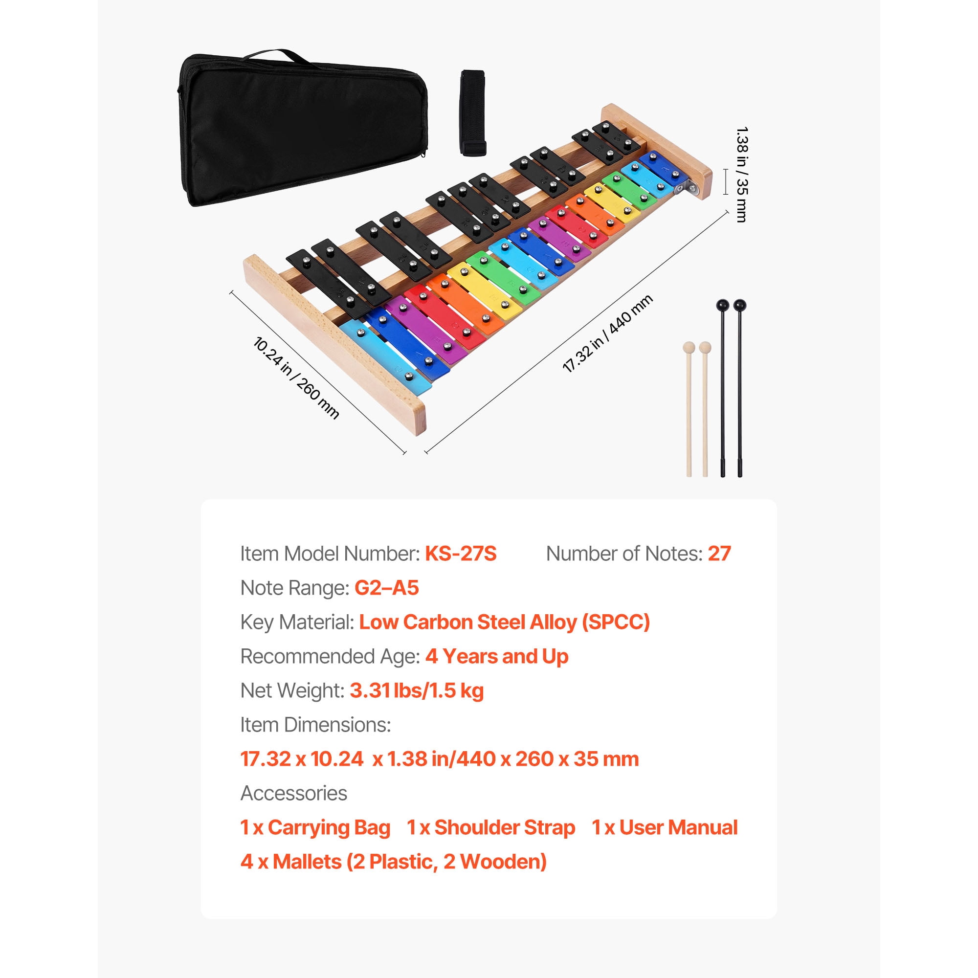 KFFKFF 27-Note Glockenspiel Xylophone with Colorful Metal Keys, Includes 4 Mallets and Carrying Bag, Ideal for Beginners and Enthusiasts of All Ages