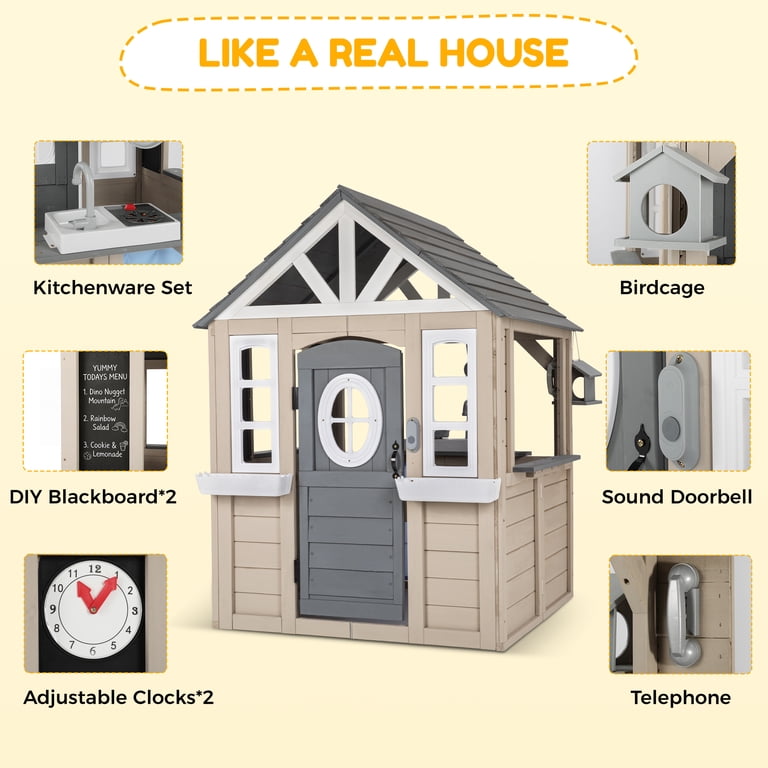 AiKidKit Kids Outdoor Playhouse, Wooden Play Kitchen with Doorbell