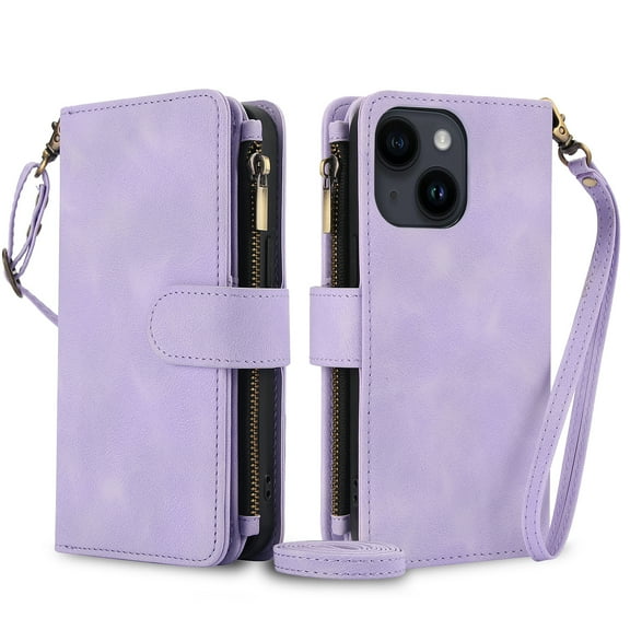 for iPhone 14 Plus Wallet Case for Women Girls, RFID Blocking Credit Card Slots PU Leather Purse Case with Crossbody Strap Wristlet Magnetic Folio Stand Cover for iPhone 14 Plus, Purple