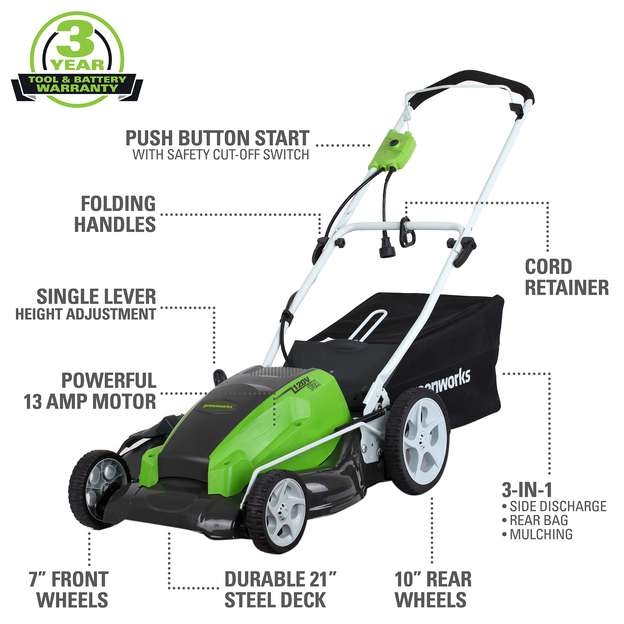 Greenworks 13 Amp 21" Corded Electric Walk-Behind Push Lawn Mower 25112 - image 2 of 12