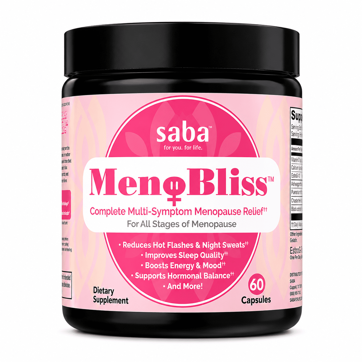 Saba MenoBliss™ Menopause Support for Women with 514 mg EstroG-100® – Hot Flash, Mood, Sleep & Hormonal Weight Support – Ashwagandha, Black Cohosh & Chaste Tree – 60 Vegan Capsules