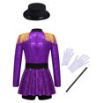 thumbnail image 2 of iiniim Kids Girls Circus Ringmaster Costume Long Sleeve Bodysuit with Hat Magic Wand Gloves Set Purple 16, 2 of 7