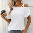 thumbnail image 4 of Moxiu Women's Tops One Shoulder Summer Short Sleeve T-Shirt 2025 Elegant Eyelet Spaghetti Strap Blouse Asymmetric Neck Casual Tops Tees White,M, 4 of 7