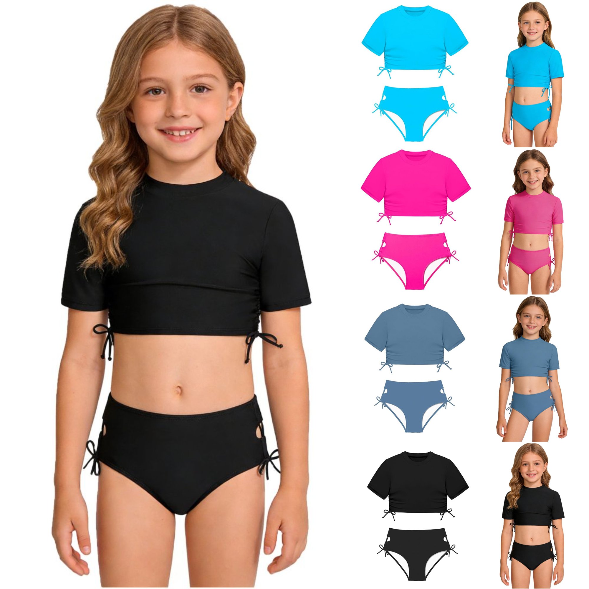 SGMVNU Girls Swimsuits Rash Guard Short Sleeve Swim Top with Shorts Two Piece Bathing Suit Swimwear Size 11-12 Years cl1-Black