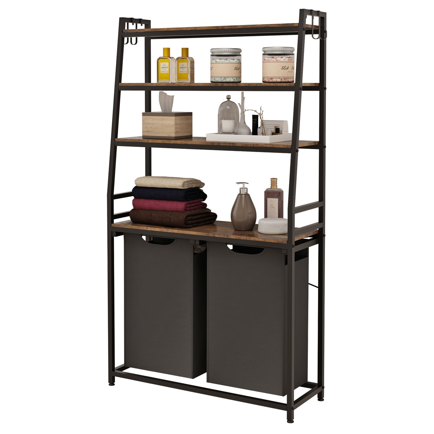 LENLN Laundry Hamper, Laundry Basket Sorter with 4 Tiers Shelf and Hooks, Double Clothes Hampers for Bathroom, Bedroom