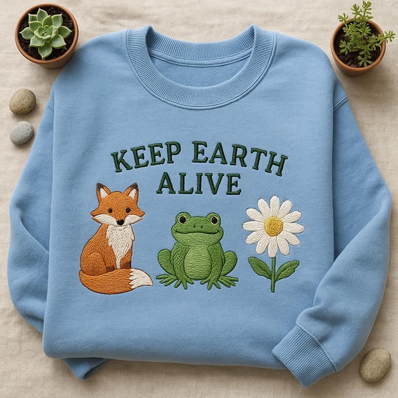 Keep Earth Alive Embroidered Sweatshirt, Fox Frog Flower Nature Crewneck, Environmental Gift, Earth Day Jumper, Wildlife Shirt