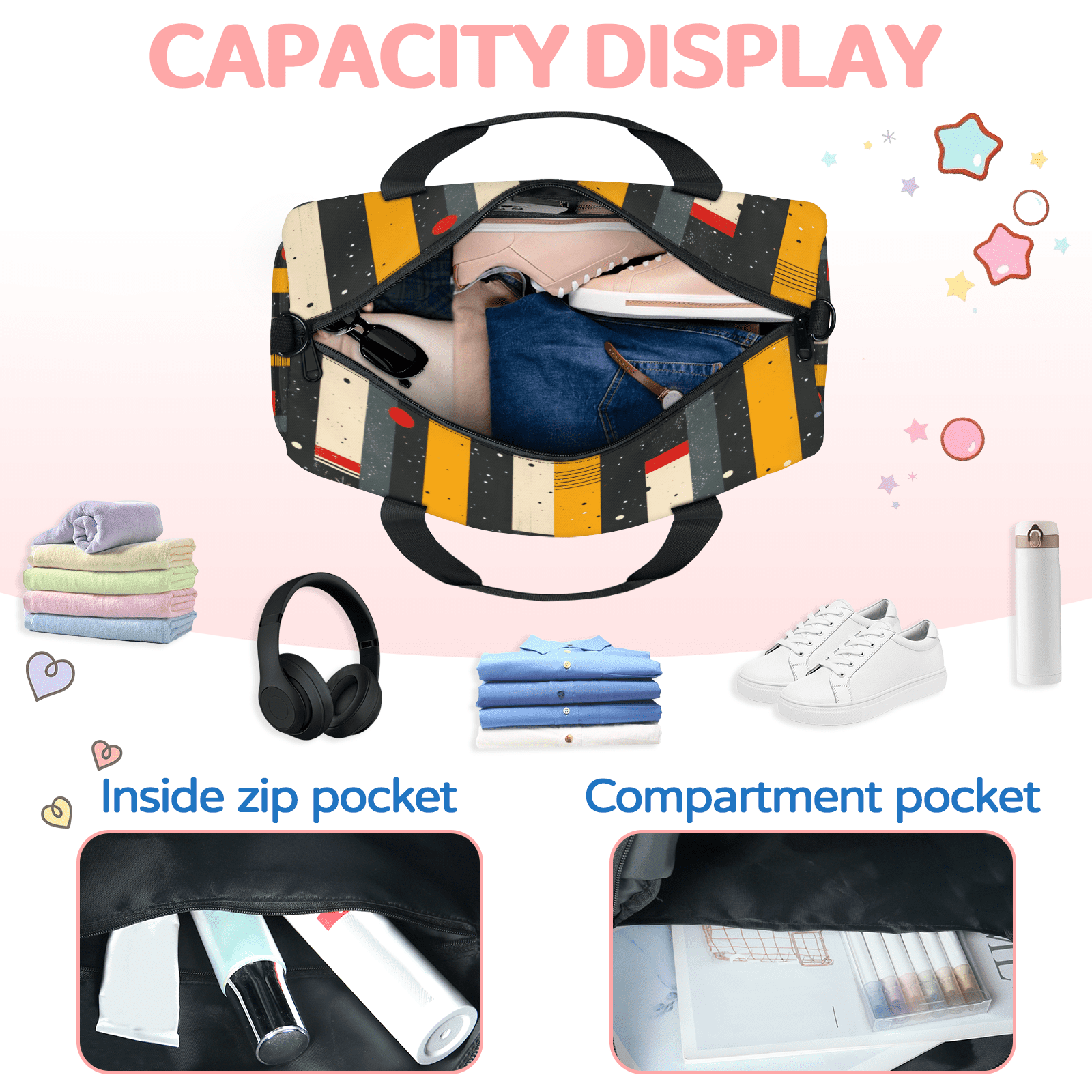 Herdesigns Boho Striped Gym Bag for Women, Duffle Bag for Travel Sport, Geometry Lightweight Waterproof Carry on Weekender Dance Yoga Workout Bags