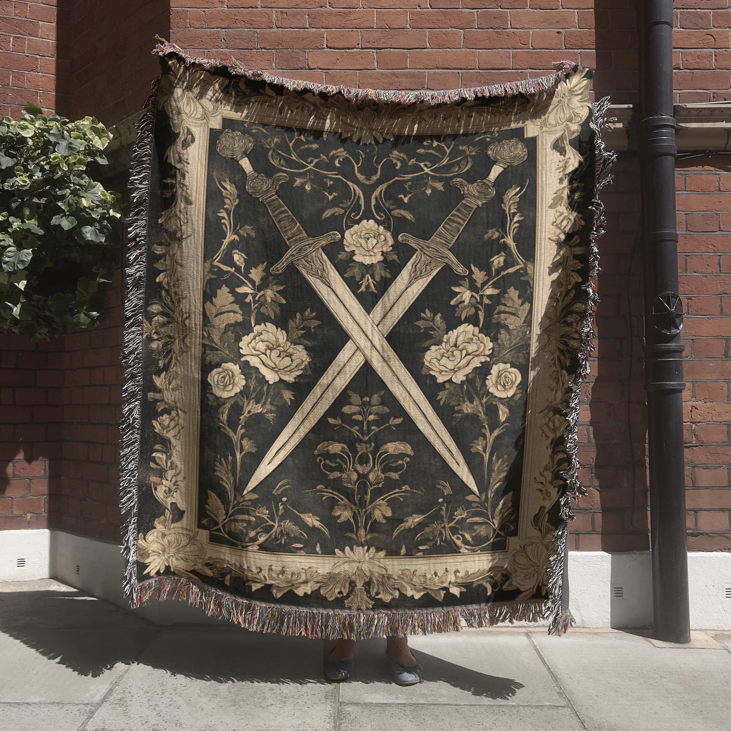 Crossed Swords Roses and Floral Scrollwork Black and Antique Gold Woven Blanket 100% Cotton