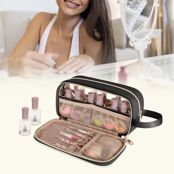 Nail Polish Organizer Fits 12 Bottles (15ml), Window Storage Bag with Handle, Black