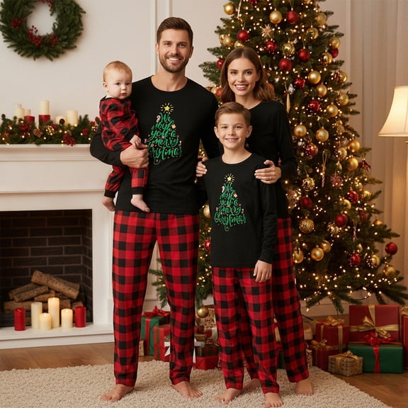 Christmas Family Pajamas Matching Set Long Sleeve Tree Print T-shirt Plaid Pants Loungewear