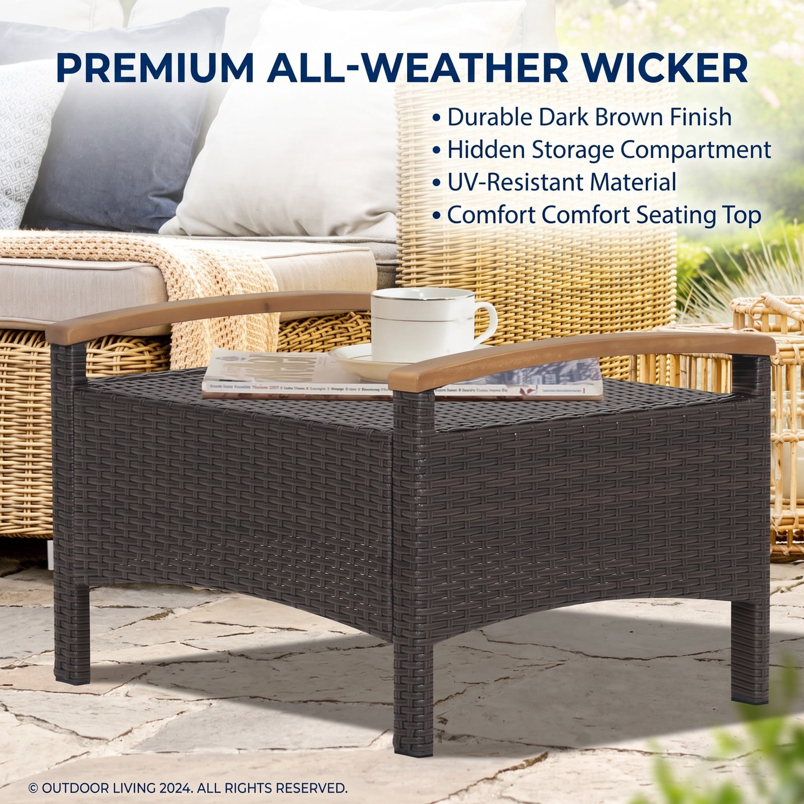 Furnibear Set of 2 Fade-Resistant PE Wicker Patio Ottomans with Cushions and Wood Handles for Outdoor Foot Rest and Extra Seating, Navy