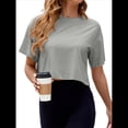 thumbnail image 3 of Camiseta de Hombros Caídos para Mujer, Camiseta Corta de Media , Cuello Redondo, Corta, Tops Casuales de Verano Lisos. Gris XXL, 3 of 9