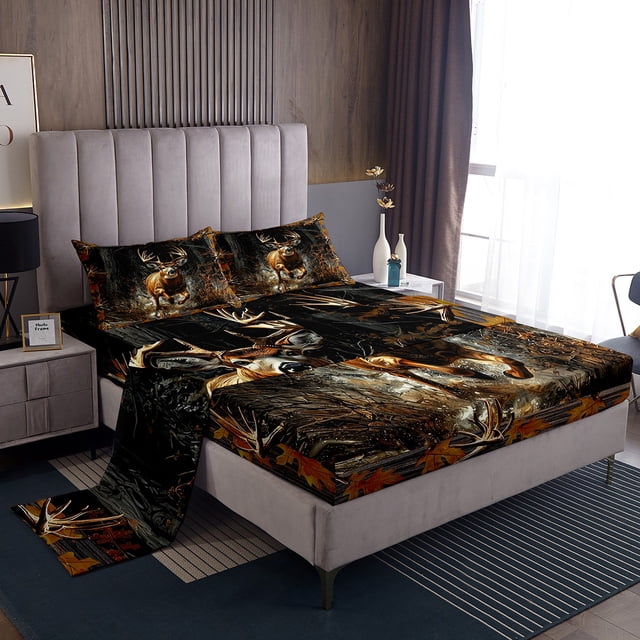 Tree Camouflage Deer Sheets - 4 Piece Camo Branches Rustic Deer Sheet Set - Deer Hunting Bed Sheets Set Boys Running Deer Hunting Cabin Lodge Bed Set (Queen Size)