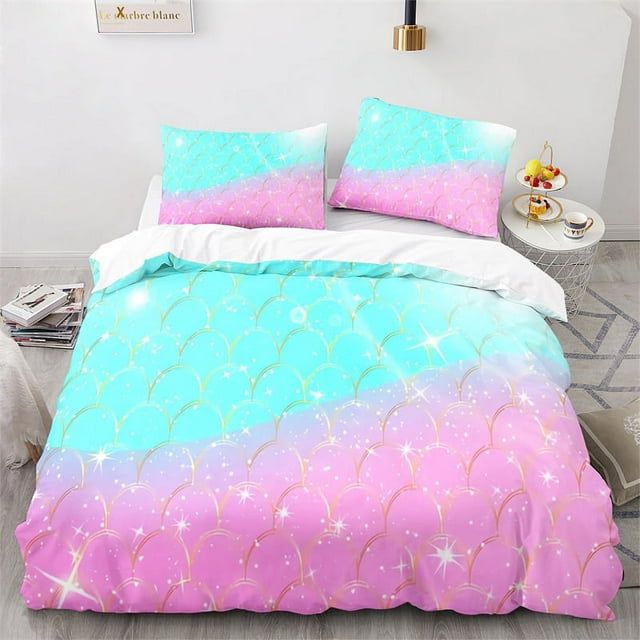 Ensemble de Literie Écailles de Poisson Colorées Simple Très Grand pour Enfants Fille Bleu Rose Impression Surface de Peau Mermaid Housse de Couette Polyester