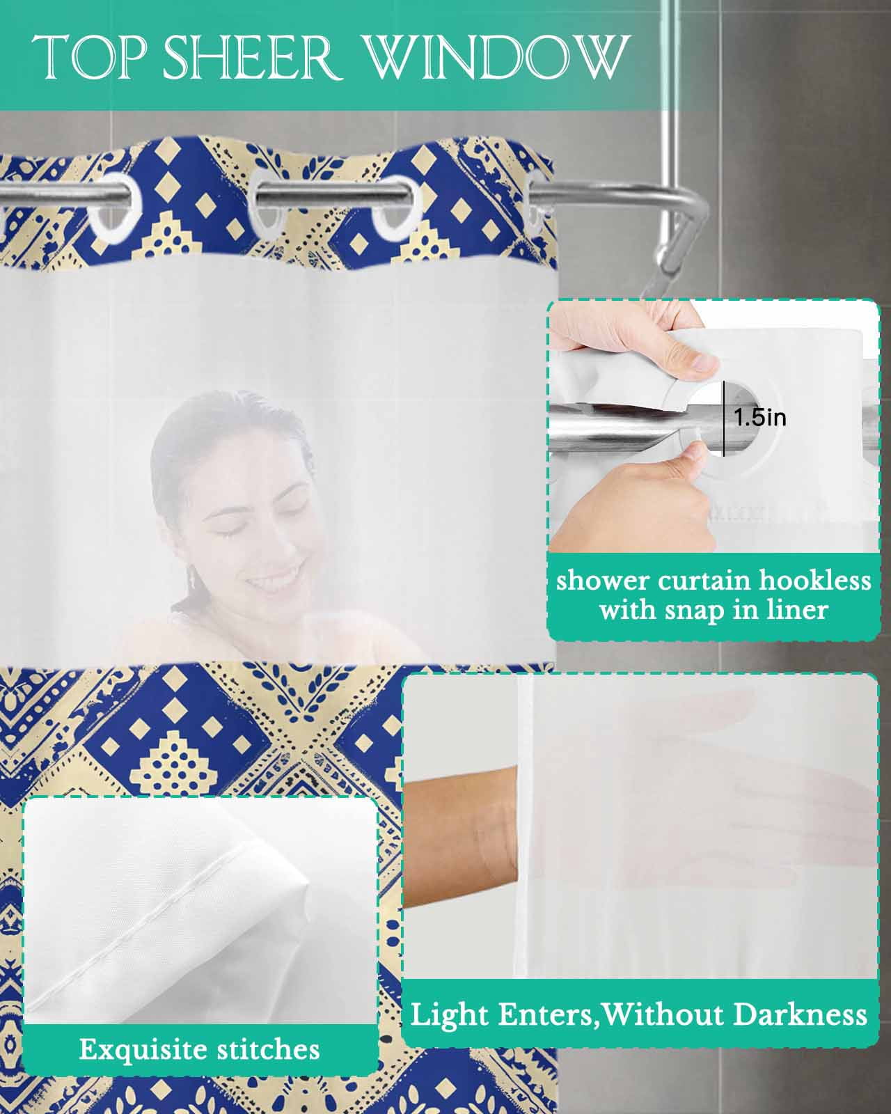 No Hook Shower Curtain with Snap in Liner, Boho Blue Watercolor Flower Rhombus Polka Dot Hotel Shower Curtains for Bathroom, Washable Shower Curtain Liner Set with Mesh Top Window, 60"x72"