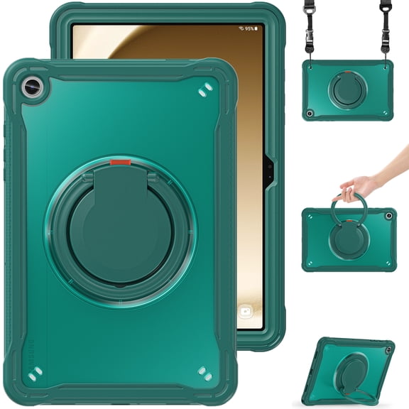 Allytechgroup Rugged Case for Samsung Galaxy Tab A9 Plus 11" 2025 SM-X210, with Shoulder Strap Rotating Kickstand PC TPU Heavy Duty Shockproof Back Cover Case for Galaxy Tab A9 11", Darkgreen