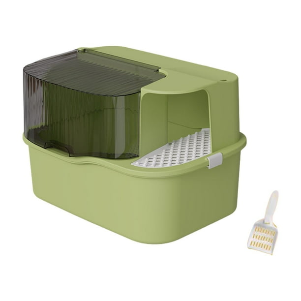 Arenero cerrado para gatos, arenero jumbo, arenero grande con pasillo, fácil de limpiar. Verde