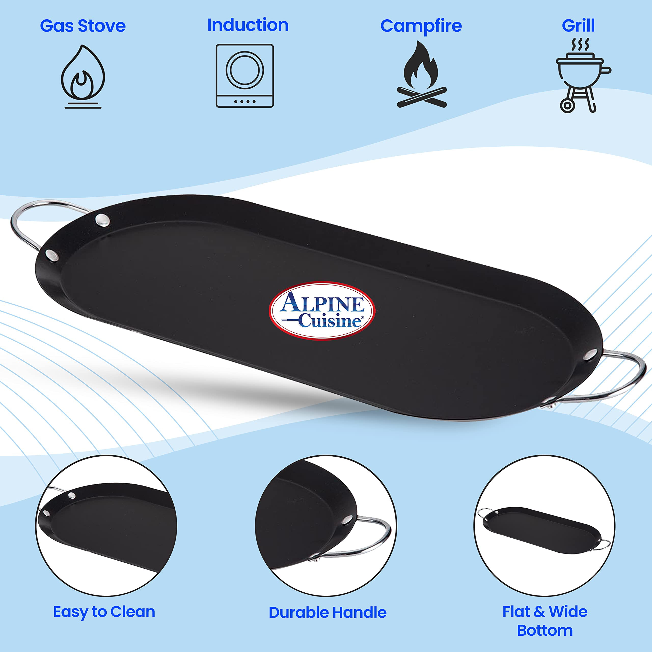 Alpine Cuisine Nonstick Oval Comal 17.5x8-Inch - Black Carbon Steel To