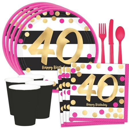 Metallic Pink & Gold 40th Birthday Dessert Standard Tableware Kit (Serves 8)