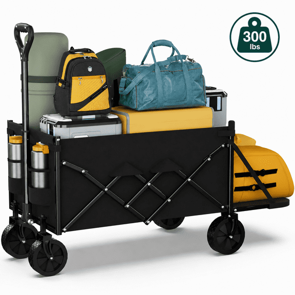 Favoyard 300lbs Collapsible Wagon with Extended Tailgate,All‑Terrain Wheels & Drink Holders for Garden Camping Beach, Black,100L