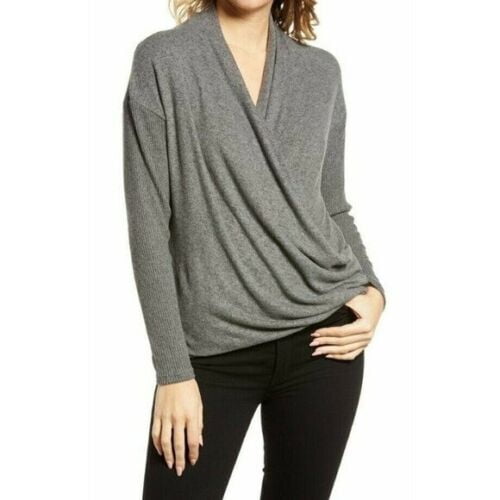 All in Favor Women's Knit Long Sleeve Surplice V-Neck Wrap Sweater Gray XS, Nwt