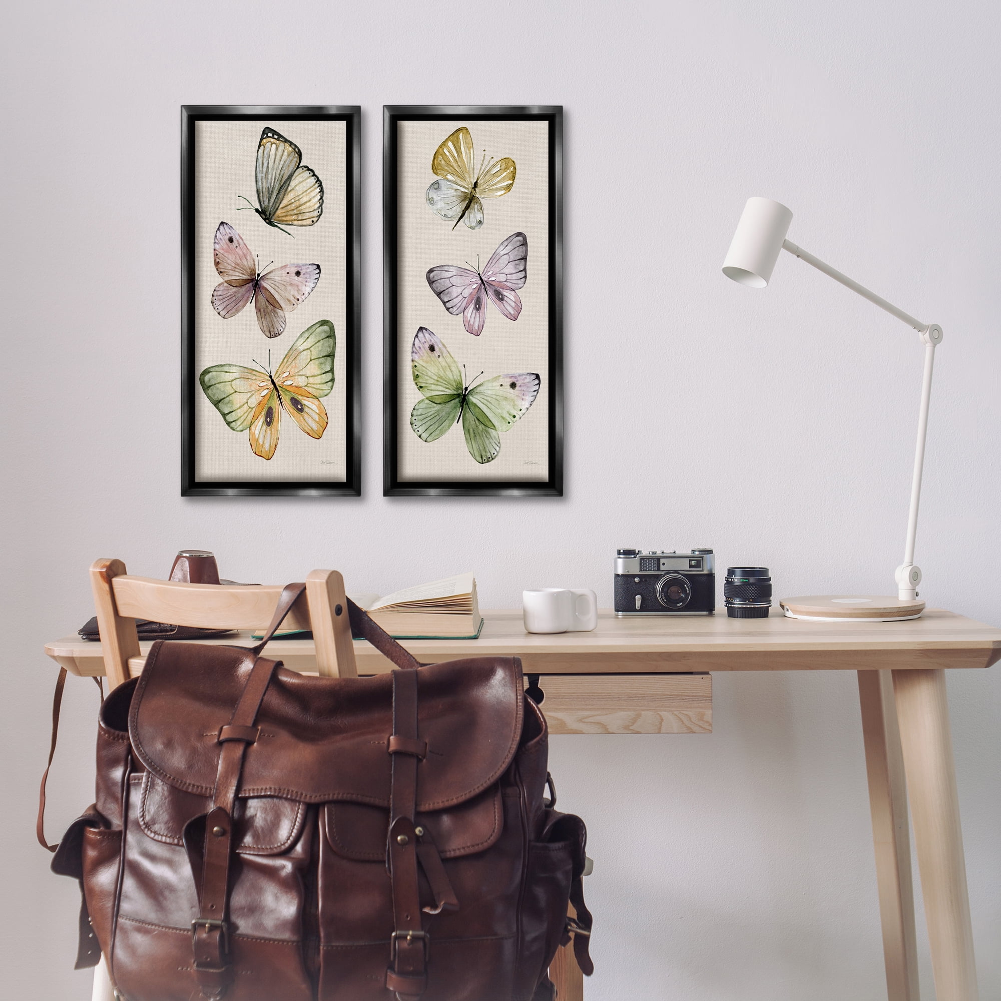Stupell Industries Delicate Winged Butterfly Trio Animals Painting Black Floater Framed Canvas Art Print Wall Art, 11 x 25, Set of 2
