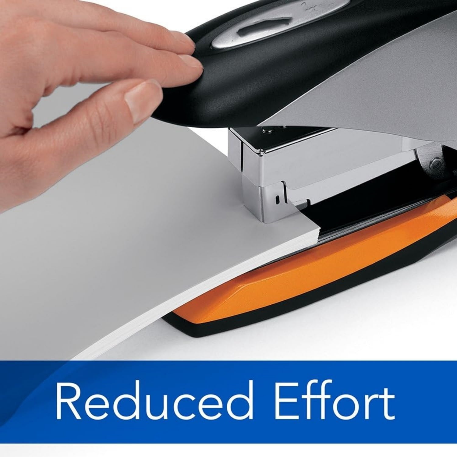 Stapler, 70 Sheet Capacity, Jam Free, Reduced Effort, Soft Grip, Metal, Silver, Black and Orange