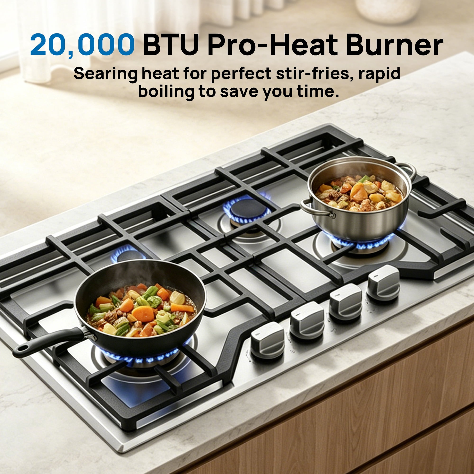 ROBAM 30" Gas Cooktop G413, 4 Made in Italy Brass Burners, 304 Stainless Steel Built-in Gas Stove, 20,000 BTUs Power Burner, Dual Fuel NG/LPG Convertible, Flame Failure Protection