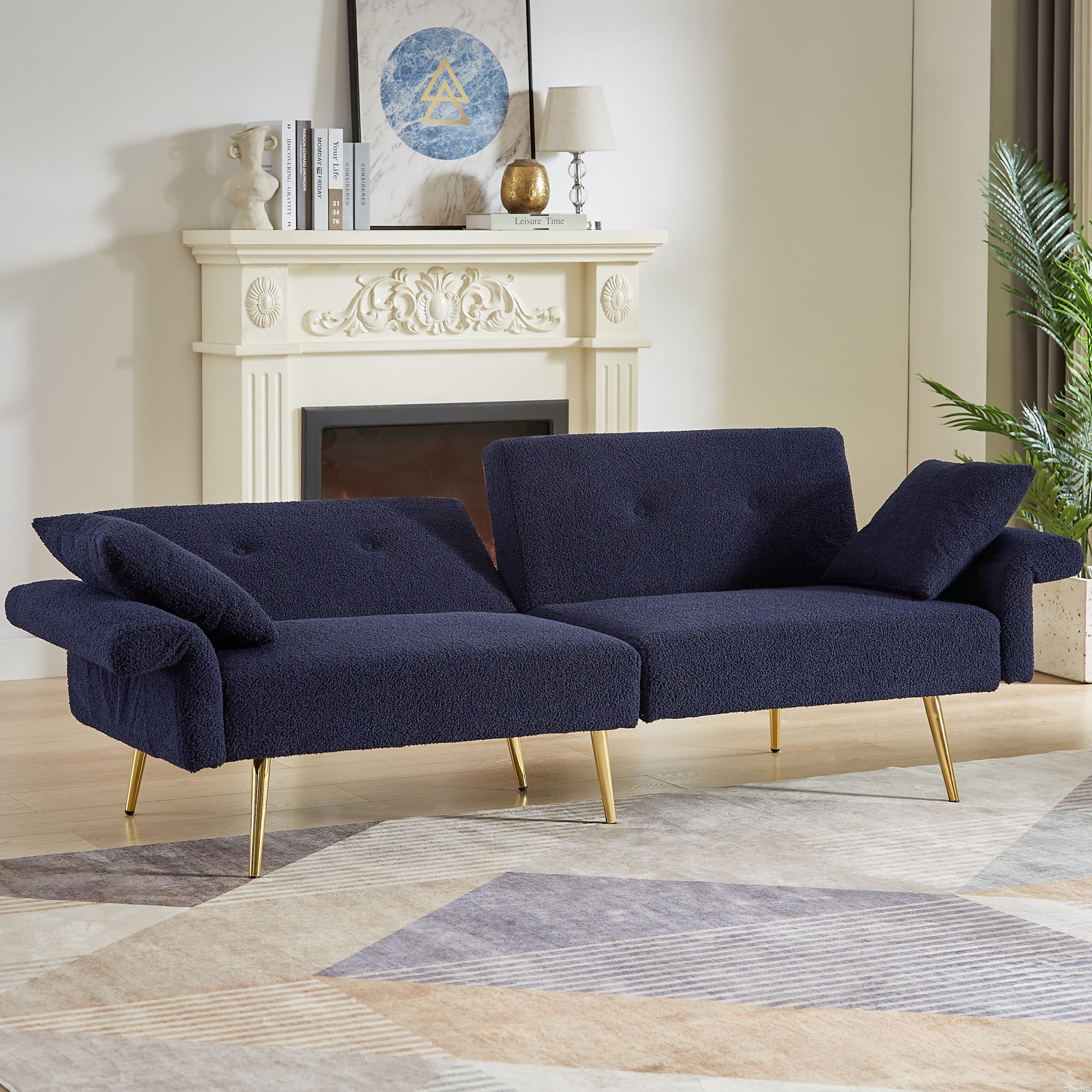 Jopath 80" Futon Sofa Bed,Teddy Upholstered Convertible Loveseat Sleeper Sofa Couch with Foldable Armrest,Adjustable Backrest and Golden Metal Legs for Living Room,Dark Blue