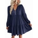 thumbnail image 2 of Vestidos Cortos de Larga para Mujer, Cuello en V, Informales, Holgados, con Vuelo, con , Estilo Bohemio para Vacaciones, para Otoño Azul Marino M, 2 of 9